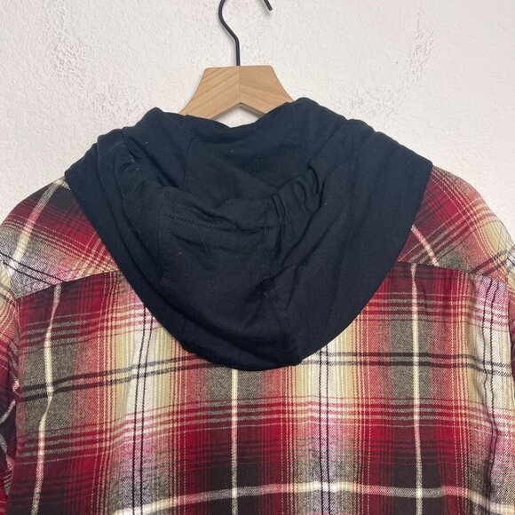 Legendary Outfitters Plaid Shacket Large Red/Brown Hooded Snap Front Drawstring - Picture 13 of 13